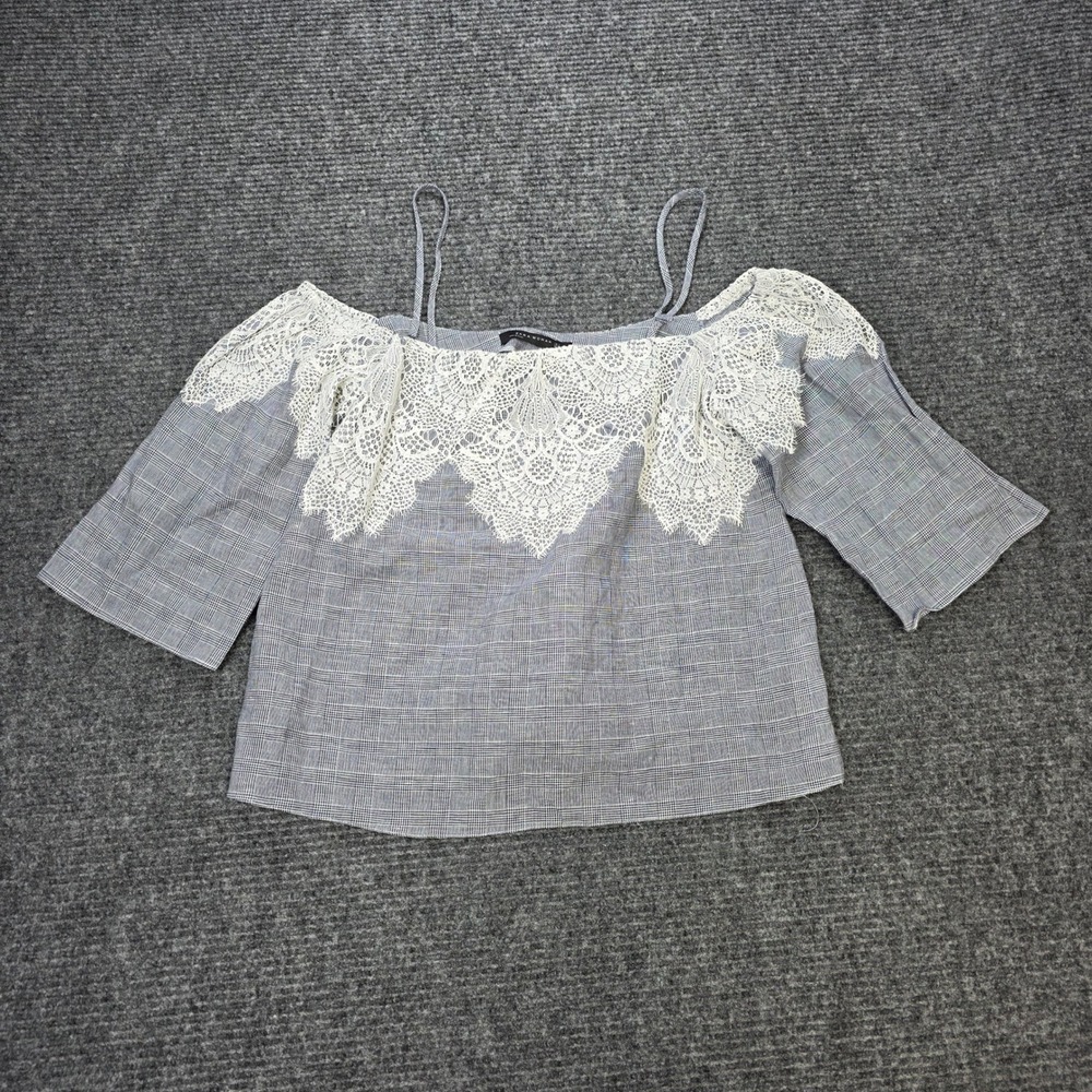 Zara Woman Linen Glen Plaid Off Shoulder Blouse Women's Size S Blue Lace Trim